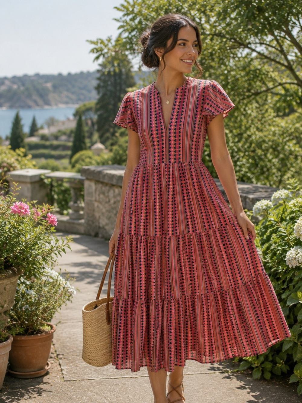 Oliphant Rose-Pink Printed Flutter-Sleeve Midi Dress